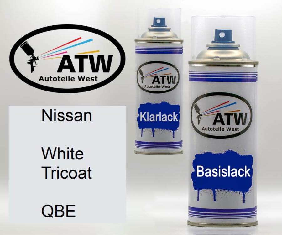 Nissan, White Tricoat, QBE: 400ml Sprühdose + 400ml Klarlack - Set, von ATW Autoteile West.